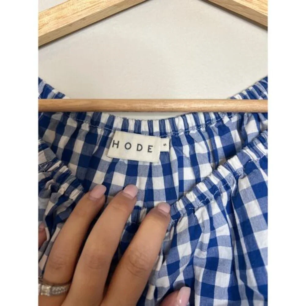 NEW Rhode Luciana Puff Sleeves Self Tie Gingham Plaid Blouse Top Blue Size: S